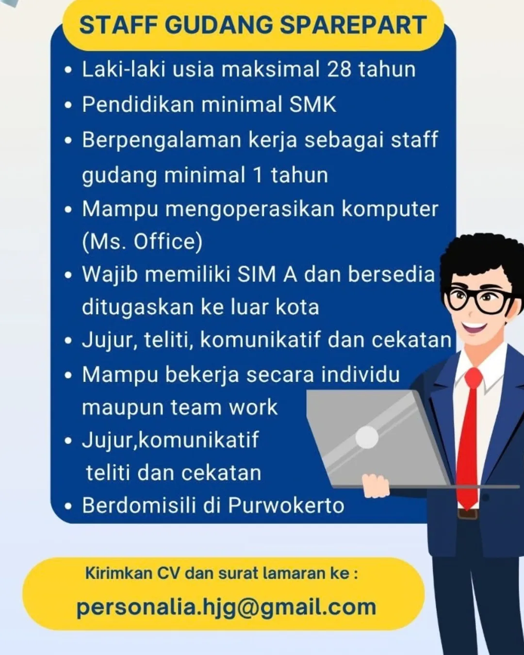 lowongan kerja staff gudang sparepart Purwokerto 2026