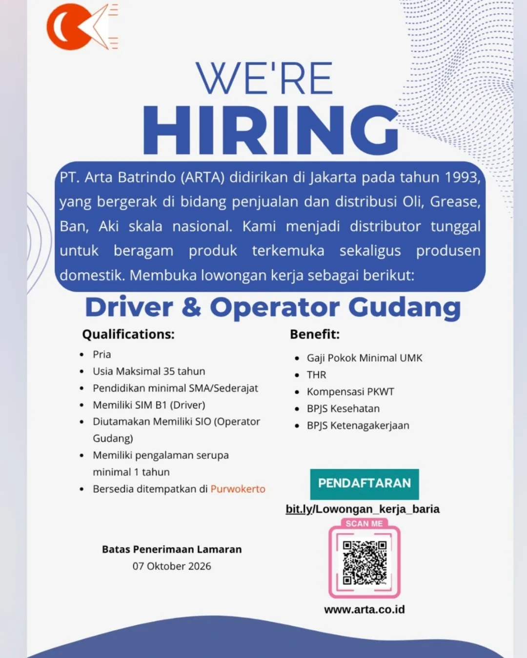 lowongan kerja Driver Operator Gudang Purwokerto 2026
