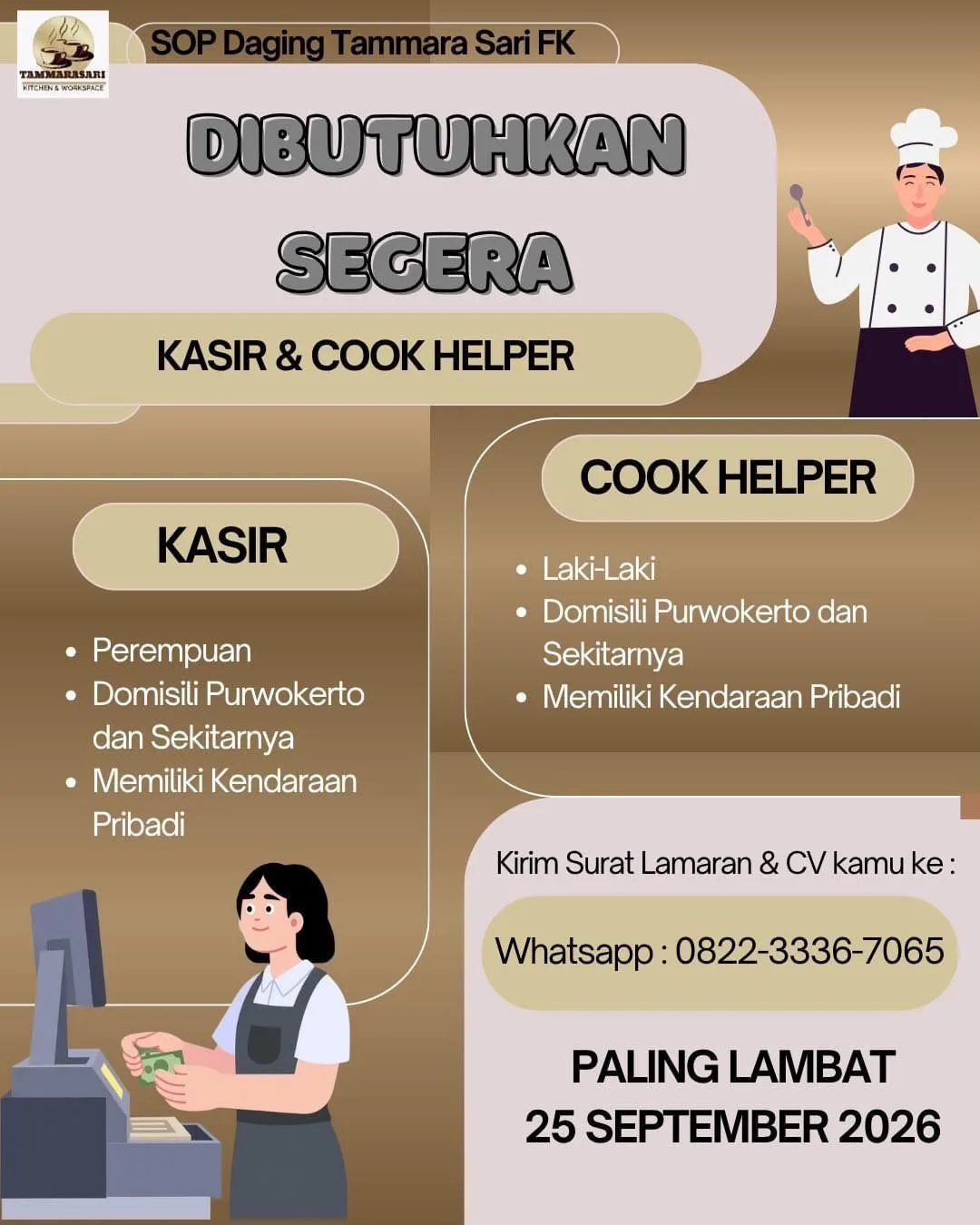 lowongan kerja Tammara Sari Purwokerto Kasir Cook Helper 2026