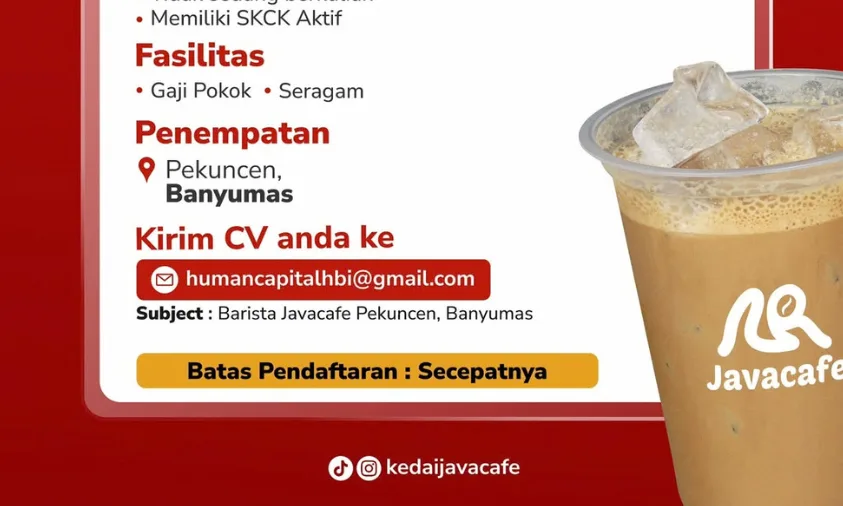 Lowongan kerja Barista Javacafe Pekuncen untuk posisi Crew Outlet dengan pendaftaran melalui email.