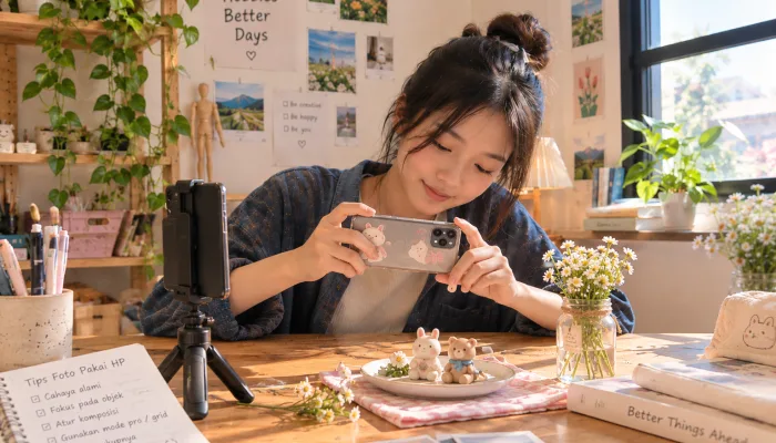 Hobi belajar fotografi menggunakan HP dengan memanfaatkan pencahayaan alami dan suasana ruangan yang nyaman.