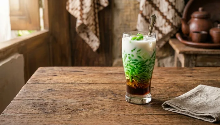 Segelas es dawet ayu segar dengan cendol hijau, santan, dan gula merah cair