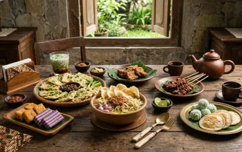 Kuliner legendaris di Purwokerto seperti Soto Sokaraja, Tempe Mendoan, Sate Bebek, Es Duren, dan Es Dawet Ayu di atas meja kayu