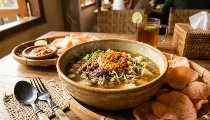 Soto Sokaraja khas Purwokerto dengan kuah kacang gurih dan kerupuk cantir