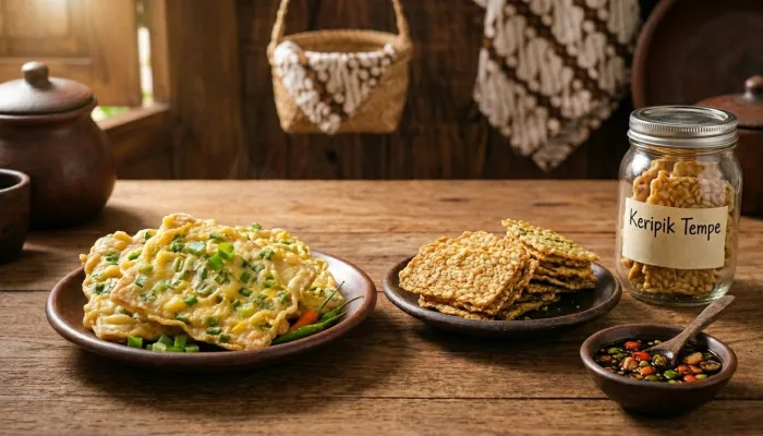 Tempe mendoan hangat dengan sambal kecap dan keripik tempe
