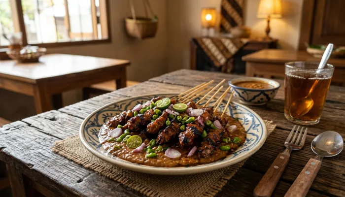 Sate bebek dengan bumbu kacang dan irisan cabai rawit