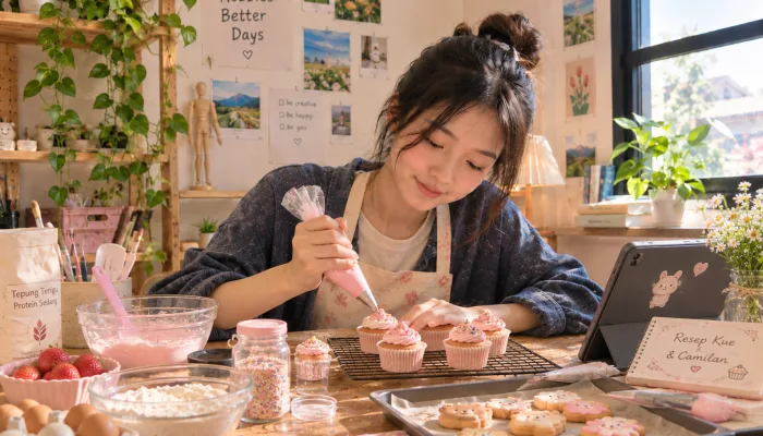 Hobi memasak dan membuat kue dengan menghias cupcake menggunakan krim berwarna pink di dapur rumahan.