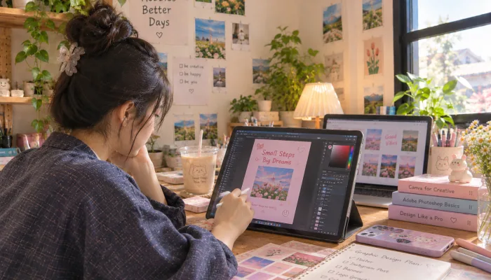 Hobi belajar desain grafis menggunakan tablet dan laptop untuk membuat poster digital dengan kombinasi warna pastel.