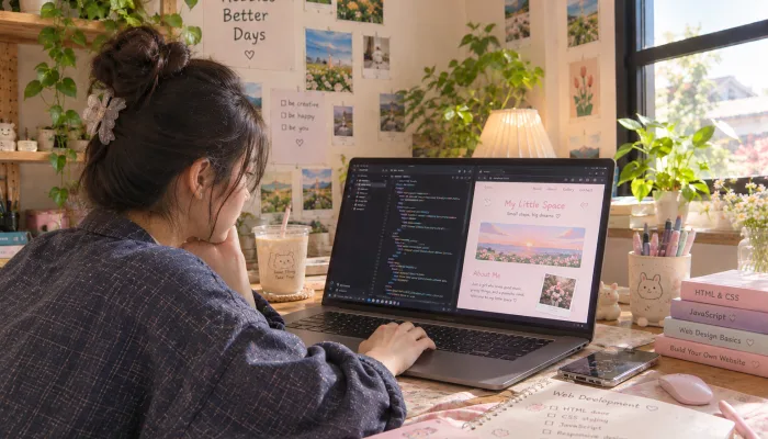 Hobi belajar coding dan membuat website menggunakan laptop dengan tampilan kode HTML, CSS, JavaScript, dan hasil desain website.