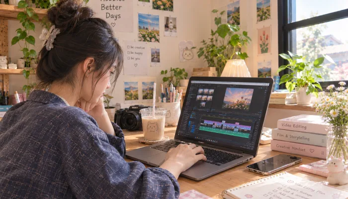 Hobi belajar editing video menggunakan laptop dengan tampilan aplikasi pengeditan video dan timeline.