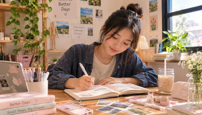 Hobi journaling dan menulis di buku catatan dengan dekorasi meja aesthetic, alat tulis, dan tanaman hijau.