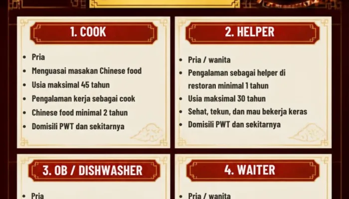 Lowongan Kerja Oriental Cuisine Purwokerto 2026: 4 Posisi Menarik, Segera Daftar!